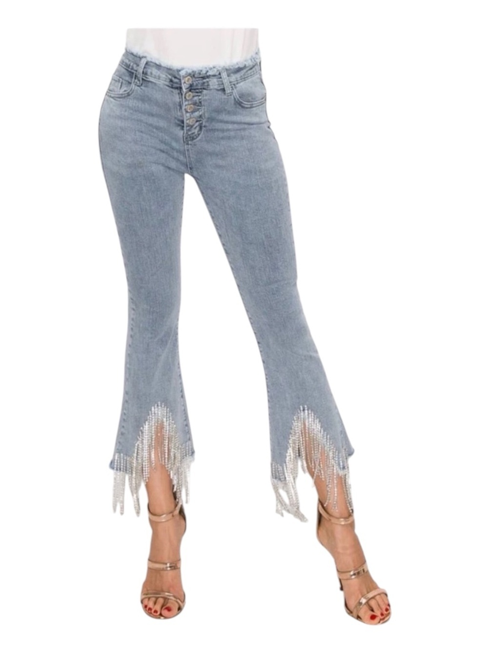 Embellished Light Blue Jeans with Fringe Hem